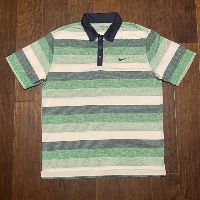 Nike Polo Mens Large Green White Striped Short Sleeve Golf Shirt DriFIT