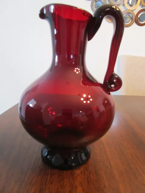 Stunning Ruby Red Glass Pitcher Hand Blown 7" Tall