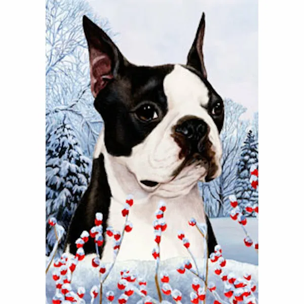 Boston Terrier Winter Berries Flag