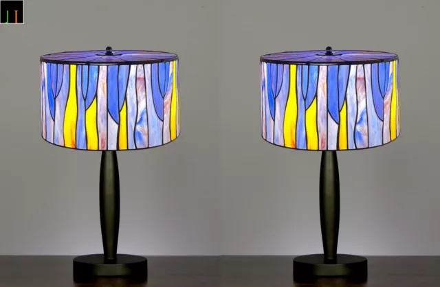 Pair of 2 JT Tiffany Stained Glass Contemporary Drum Style Bedside Table Lamp