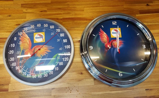 NEW Dealer Glasurit Paint Clock & Thermometer w/Macaw Parrot 14"-15"