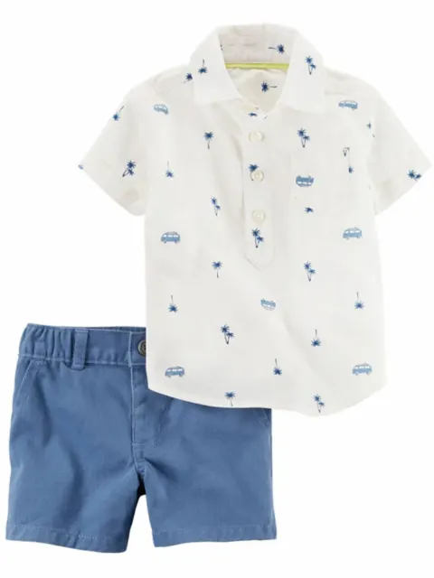 Carters Infant Boys Palm Trees & Van Baby Outfit Shirt & Blue Shorts Set
