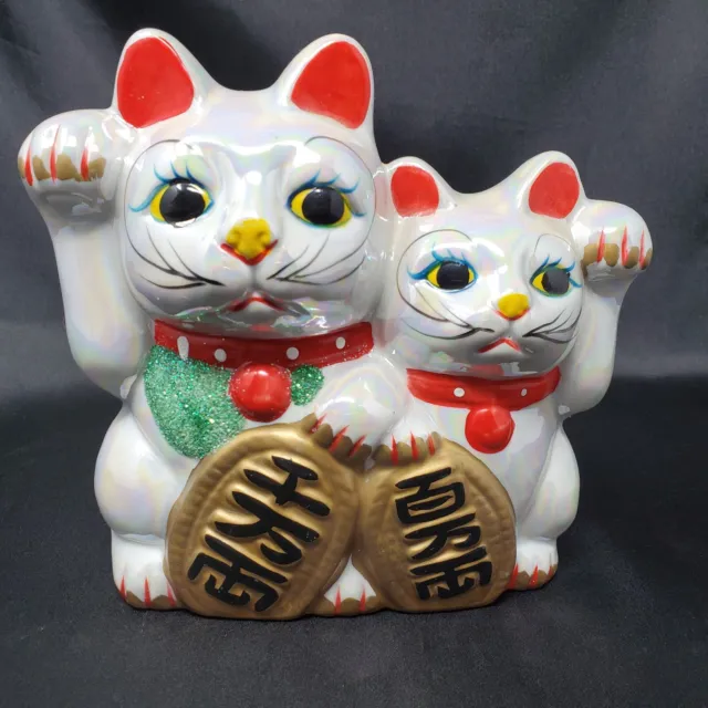 Vintage Maneki Neko Good Luck White Cats Bank, Approx 7" W x7" H