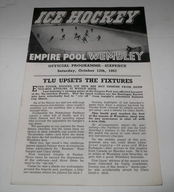 1957 WEMBLEY LIONS v NOTTINGHAM PANTHERS Ice Hockey Programme