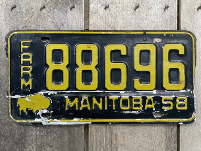 Vintage Manitoba Canada License Plate 1958 Farm 88696 Black & Yellow, Aluminum