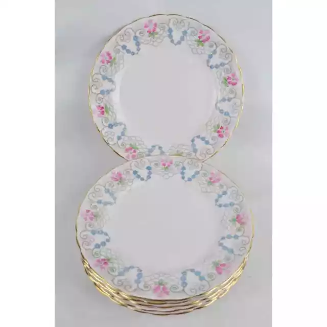 Set Of 7x Vtg Tuscan Fine English Bone China Blue Pink Rose Gold Trim England