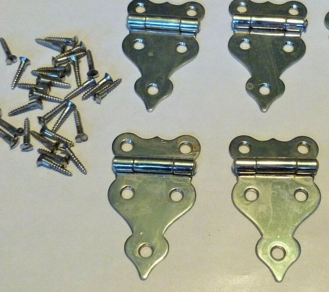 4 VINTAGE CABINET HINGES HARDWARE CHROME Flush Door Kitchen Cabinet w screws NEW