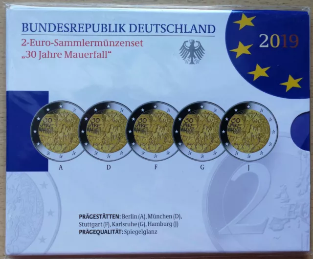 BRD: 2 Euro-Gedenkmünzen-Set "30 J. Mauerfall" 2019 (OVP / polierte Platte / PP)