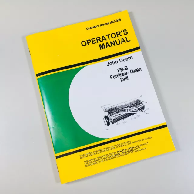 Operators Manual For John Deere Fb-B Fb117B Series Fertilizer Grain Drill Owners