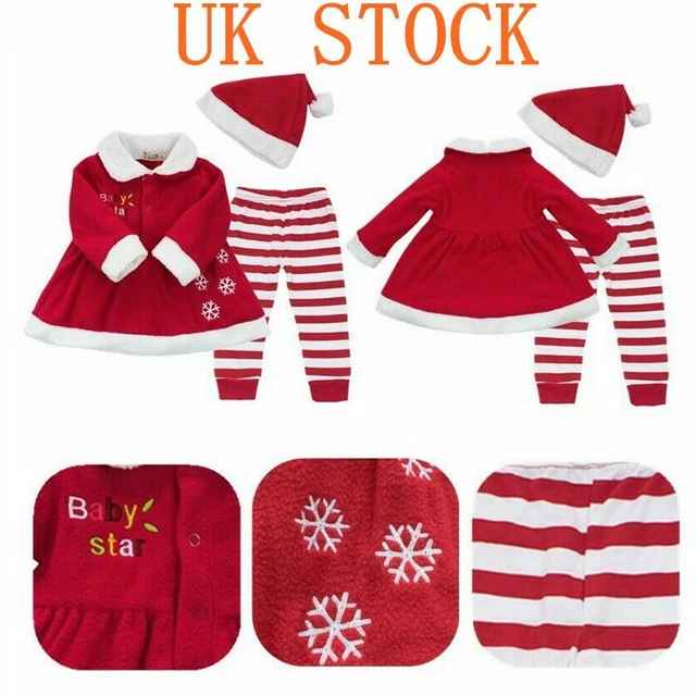 UK Baby Girls Christmas Dress Tops+Striped Pants+Hat Set Infant Red Party Outfit