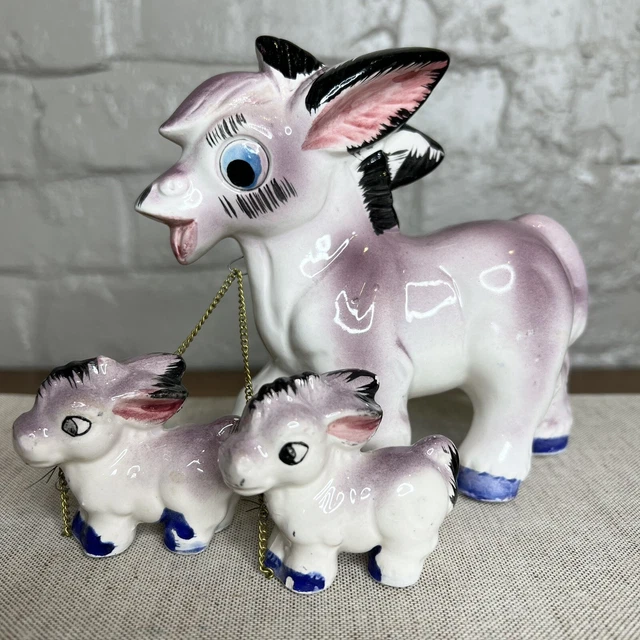 Vintage Anthropomorphic Ceramic Donkey Figurine Chain 2 Babies Japan Mid Century