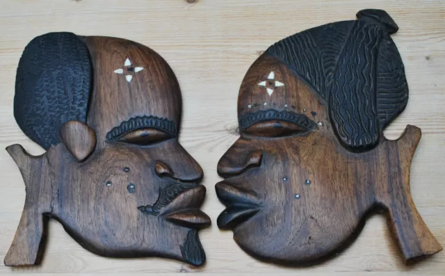 African Carved Wooden Head Wall Plaques Male/Female