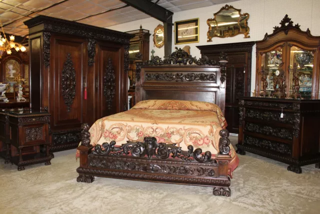 Antique Carved Italian Walnut 1800's Five Piece Queen Bed Bedroom Set