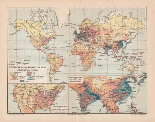 Antique map. THE WORLD POPULATION DENSITY MAP. Circa 1905