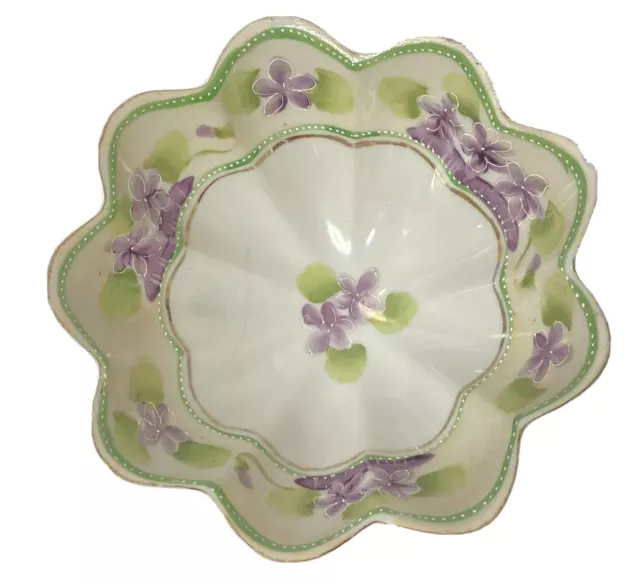 Vintage Porcelain Bowl Moriage Hand Painted Flower Design Fluted Sides Japan