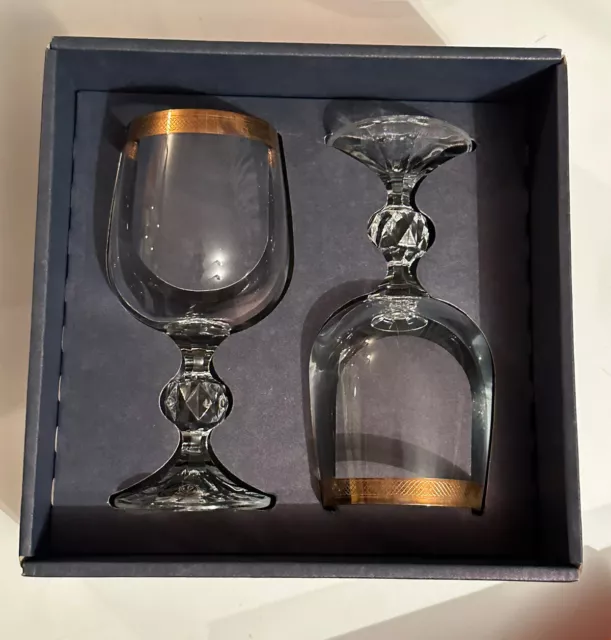 Bohemia Crystal Wine Glass - 2pc Set Water Goblets - Gold Rim Glasses - in Box