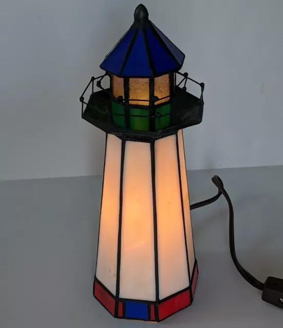 Stained Glass Lighthouse Lamp Accent Nautical 10 In Tall Night Light Blue White
