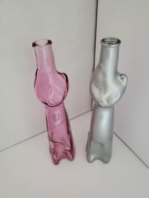Pair of Empty Glass Cat Bottles, Pink and Silver (2 pieces) 13" Tall
