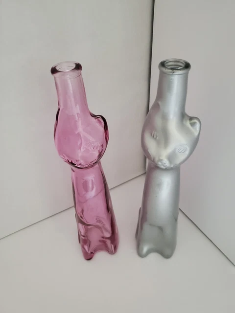 Pair of Empty Glass Cat Bottles, Pink and Silver (2 pieces) 13" Tall