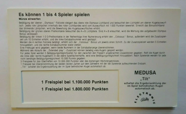 Medusa Pinball Machine Instruction Game Score Card 1980 German Text NOS