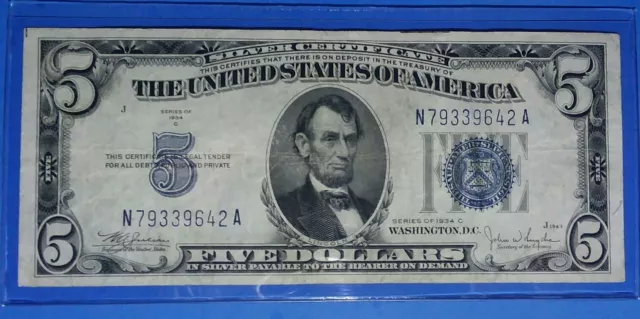 *1934-C ! $5 Silver Certificate! Vf. Circ. ! Old Us Currency! Nice !