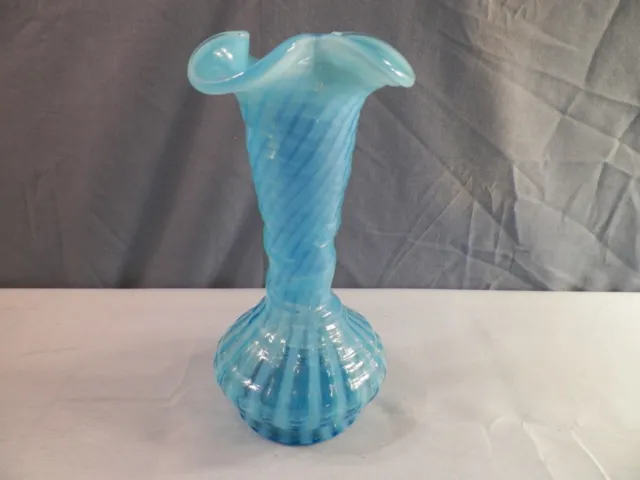 Vintage Fenton Blue Opalescent Glass Spiral Optic Vase 8" Tall