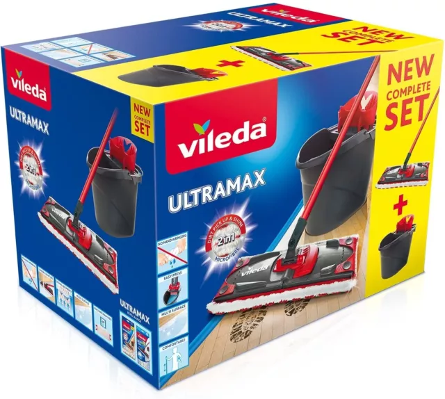 Vileda - UltraMax Power 2en1 - Set Complet Balai à Plat Microfibre + Seau-Essore