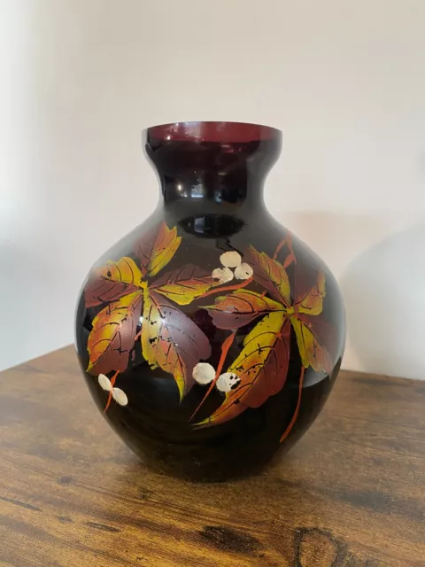 Vase forme boule en verre noir décor feuilles nature/Verrerie Boom Anvers