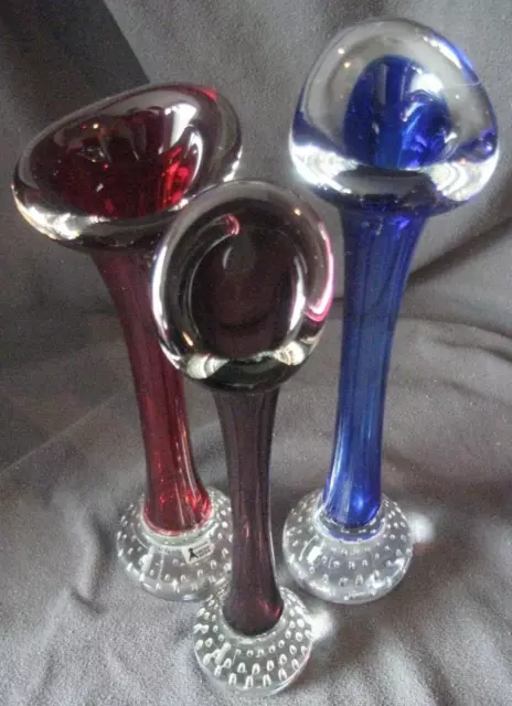 3 farbige Kristall Glas Vasen ASEDA SWEDEN, Bo Borgström 60er, 70er Jahre, Blüte