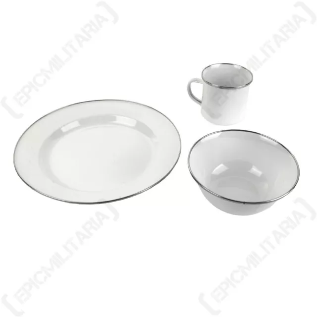 Juego de cena con plato y taza de esmalte blanco, taza para acampar,...