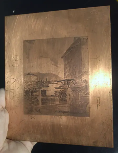 Rare John Stoll Fisherman's Wharf San Francisco Copper Printing Plate Etching