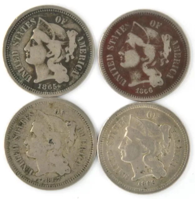 1865 1866 1867 1869 Three Cent Nickel Pieces US 3 C Coin Lot 1865 1866 1867 1869 Three Cent Nickel Pieces US 3 C Coin Lot
