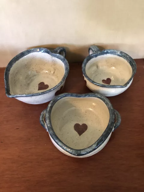 Blue Spongeware Pottery Red Heart Bowls (3) Hand Thrown, Rocking Horse Stamp