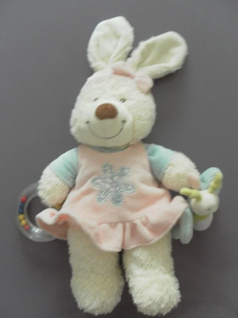 B1G / doudou peluche d'activités lapin blanc robe rose bleu TEX BABY