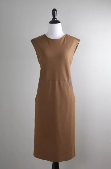 LAFAYETTE 148 New York $598 Solid Brown Ponte Leather Insert Dress Size 2