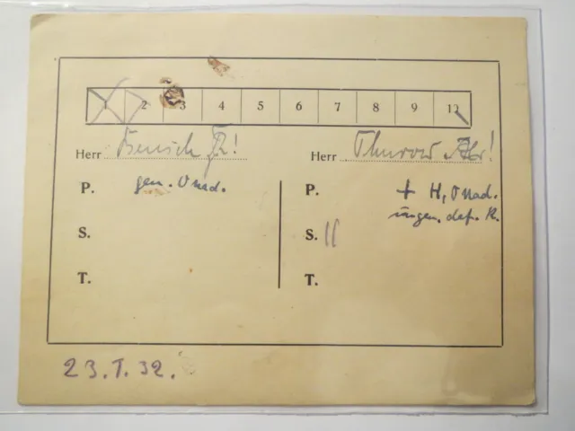 Mensur Bensch vs. Thurow am 23. 1. 1932 - Mensur-Karte / Studentika