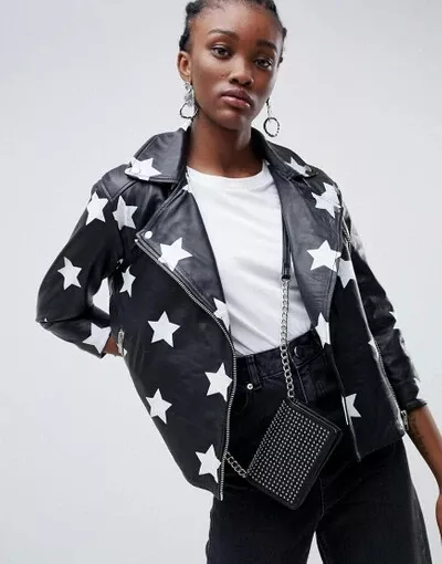 Muubaa M1133 Genuine Leather Biker Jacket Star Print Black UK8