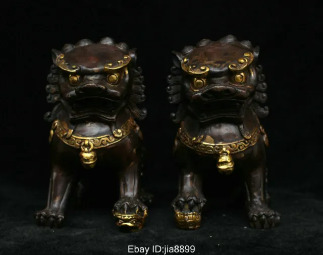 China Chinese Bronze Copper Gilt Fengshui Foo Fu Dog Guardion Lion Statue Pair 2
