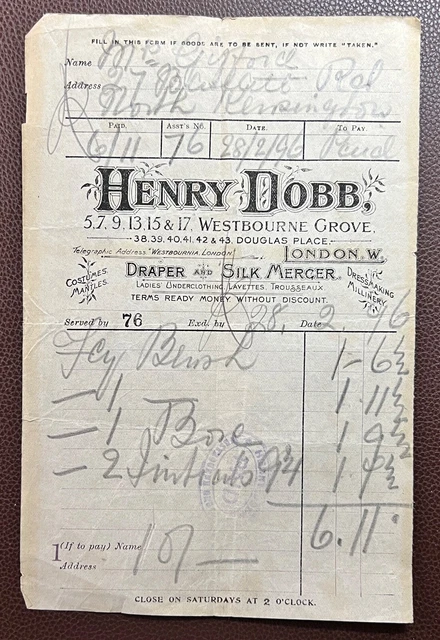 1896 Henry Dobb, Draper & Silk Mercer, Westbourne Grove, London Invoice