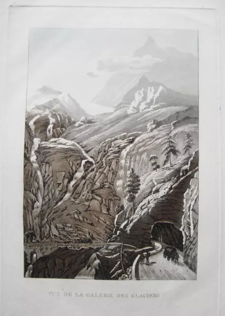 Simplon Galerie des Glaciers Schweiz echte seltene altkolorierte Aquatinta 1820