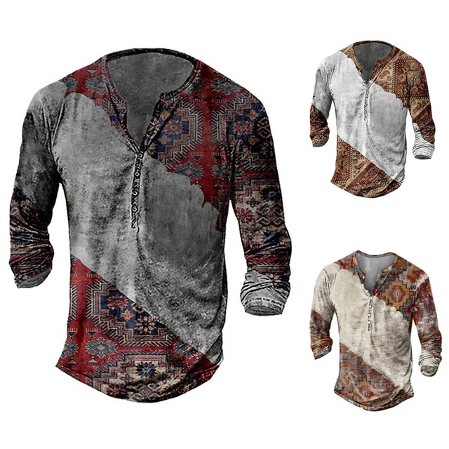 Autunno Uomo Manica Lunga Vintage Stampa Top Casual V Bottoni Collo Largo Maglia
