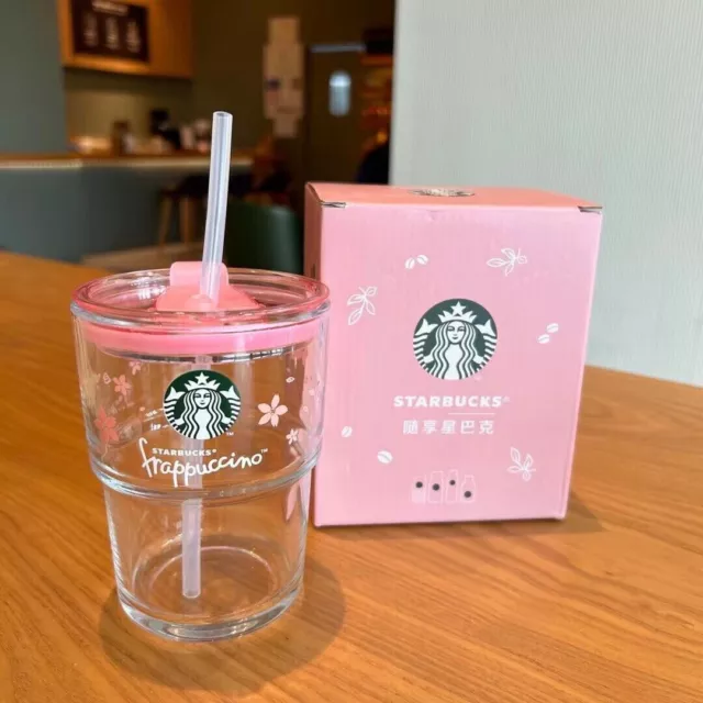 Starbucks China Enjoy Frappuccino Glass pink Straw Cup with cat's claw