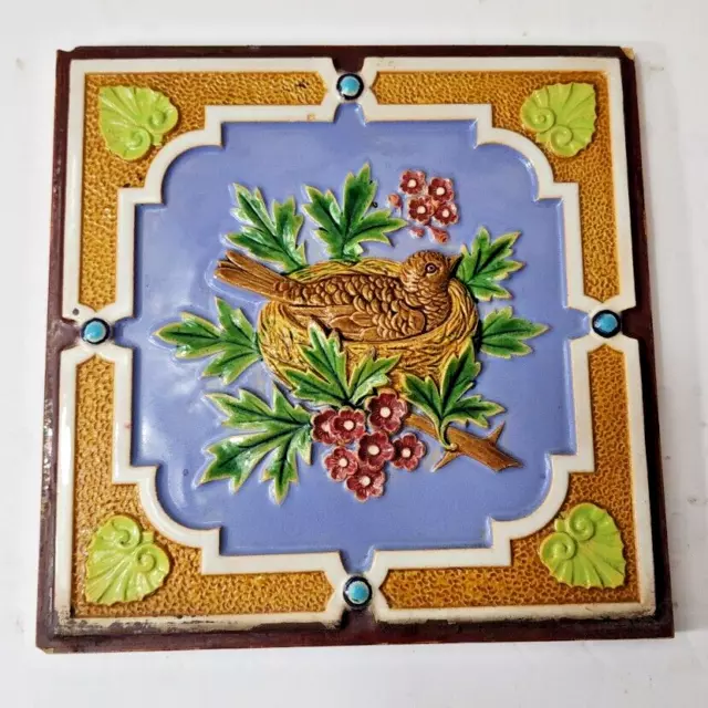 Minton Hollins Co. Majolica Victorian Tile Bird In Nest With Pink Flowers 8 inch