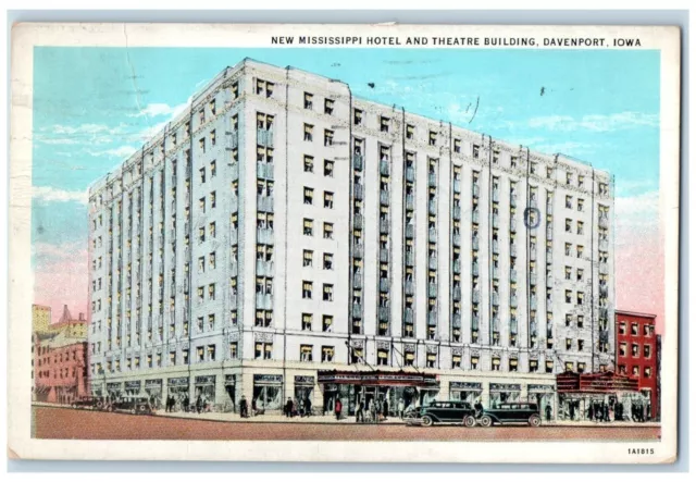 Davenport Iowa Postcard Mississippi Hotel Theatre Building Exterior 1933 Vintage