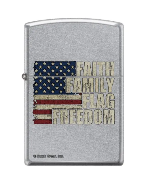 Zippo 7401, Buck Wear Faith, Family, Flag & Freedom, Street Chrome Lighter
