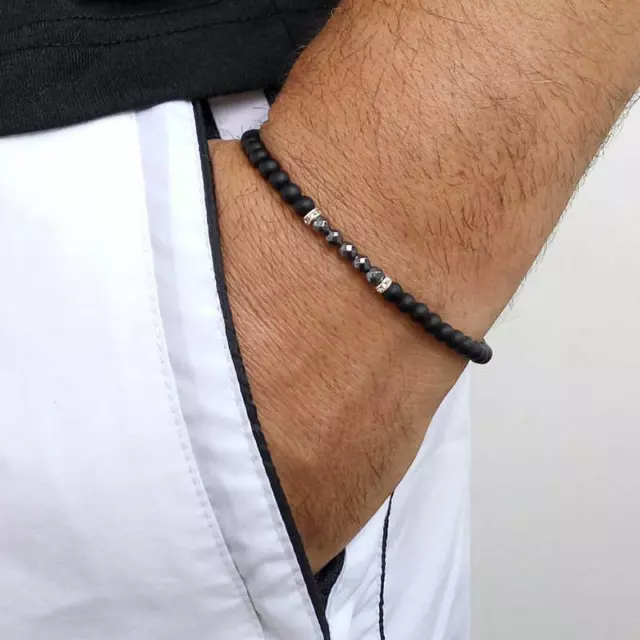 Bracciale Ematite e Nero con Zirconi Perle 6mm braccialetto Elastico Uomo Donna