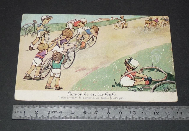 Ancienne Carte Postale CPA – Fille à Vélo – Cyclisme – Enfant – Couleur