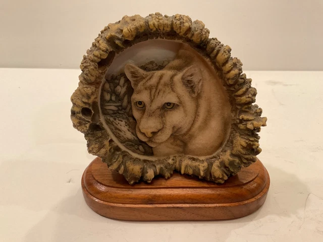 MILL CREEK STUDIOS *COUGAR BUTTON* ON WOODEN BASE ARTIST  Domonoske SIGNED
