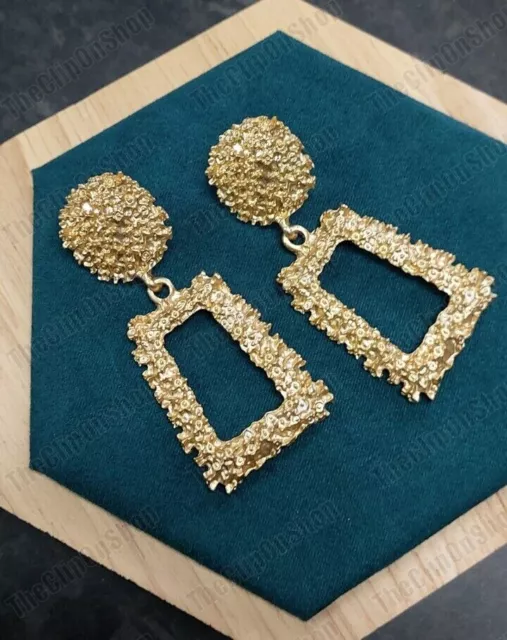 CLIP ON retro LARGE SQUARE EARRINGS  DROP HOOPS non-pierced MATT GOLD big