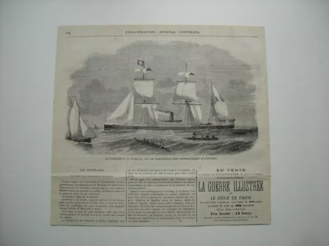 Gravure 1872. Le Paquebot Le Senegal, Compagnie Des Messageries Maritimes. Expli